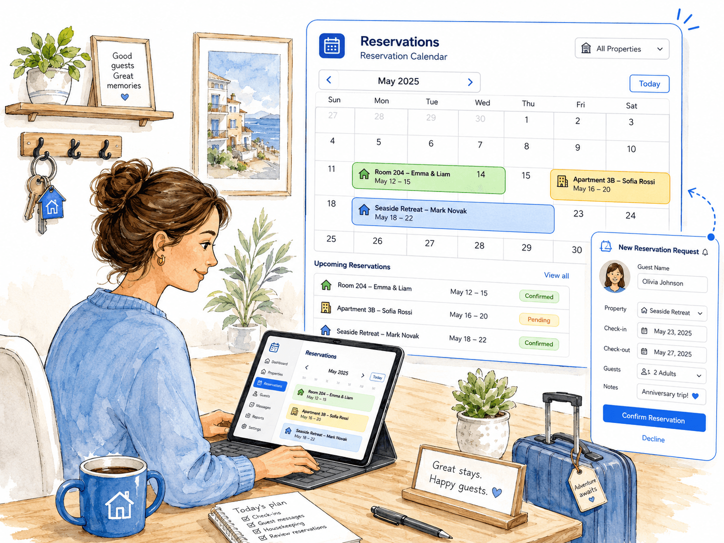 Property owner reviewing reservations and new booking requests in the app.