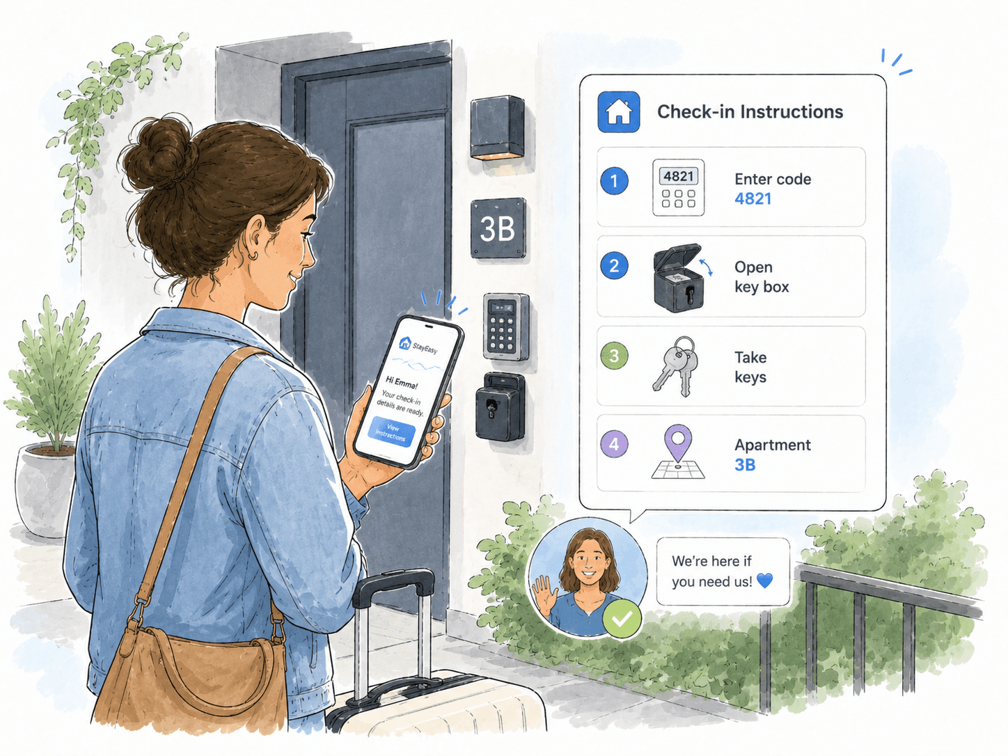 Guest receiving step-by-step check-in instructions through the app.
