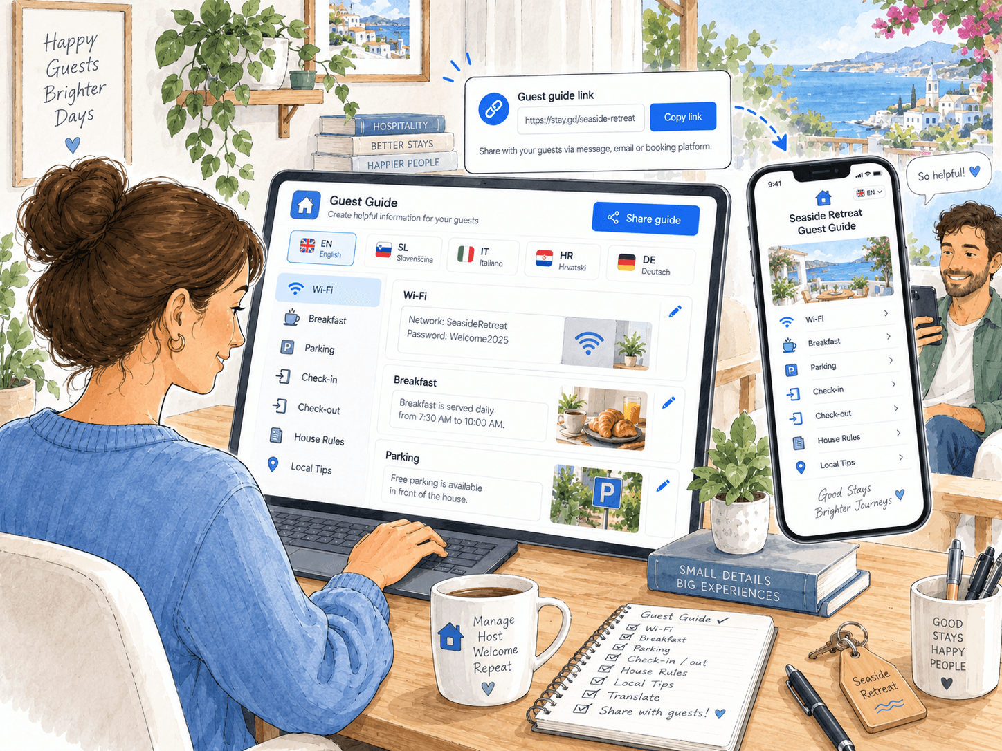 Admin creating a multilingual guest guide and sharing it with a guest through a simple link.