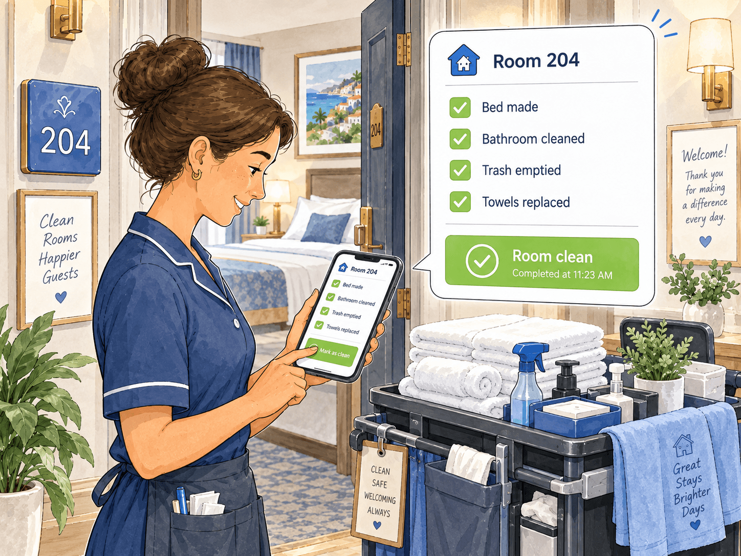 Cleaner marking a room as clean after completing a checklist in the app.