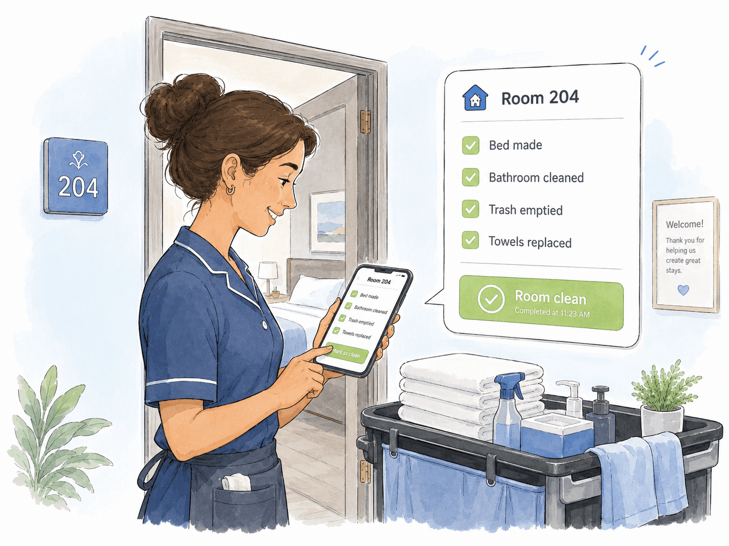 Cleaner marking a room as clean after completing a checklist in the app.