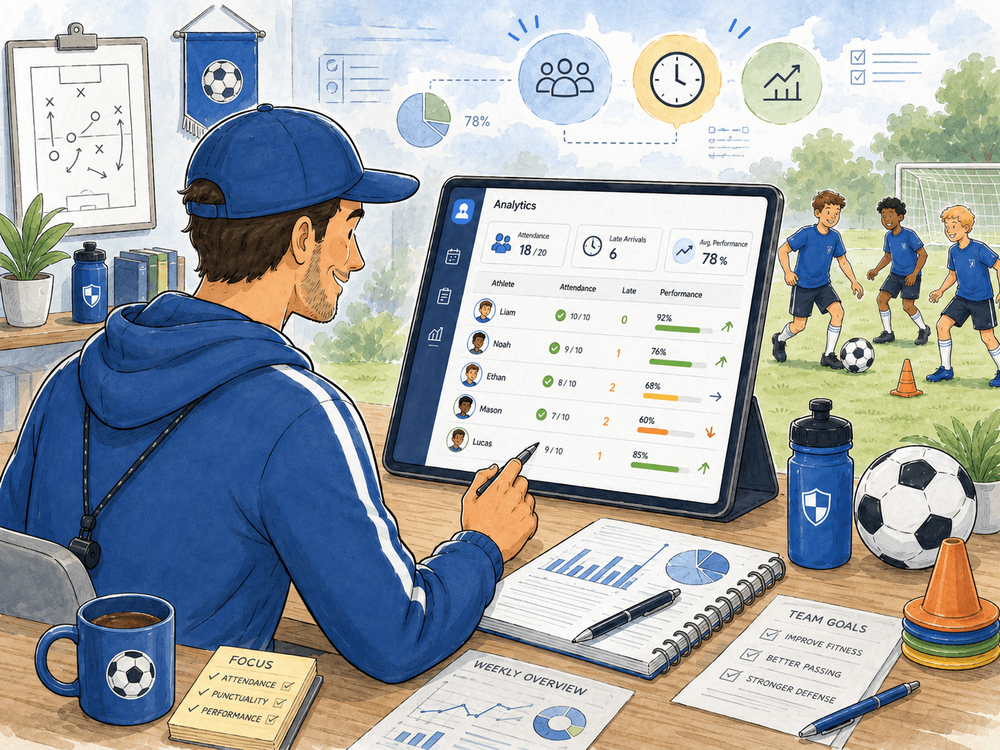 Coach reviewing athlete attendance, late arrivals, and training performance analytics in the app.