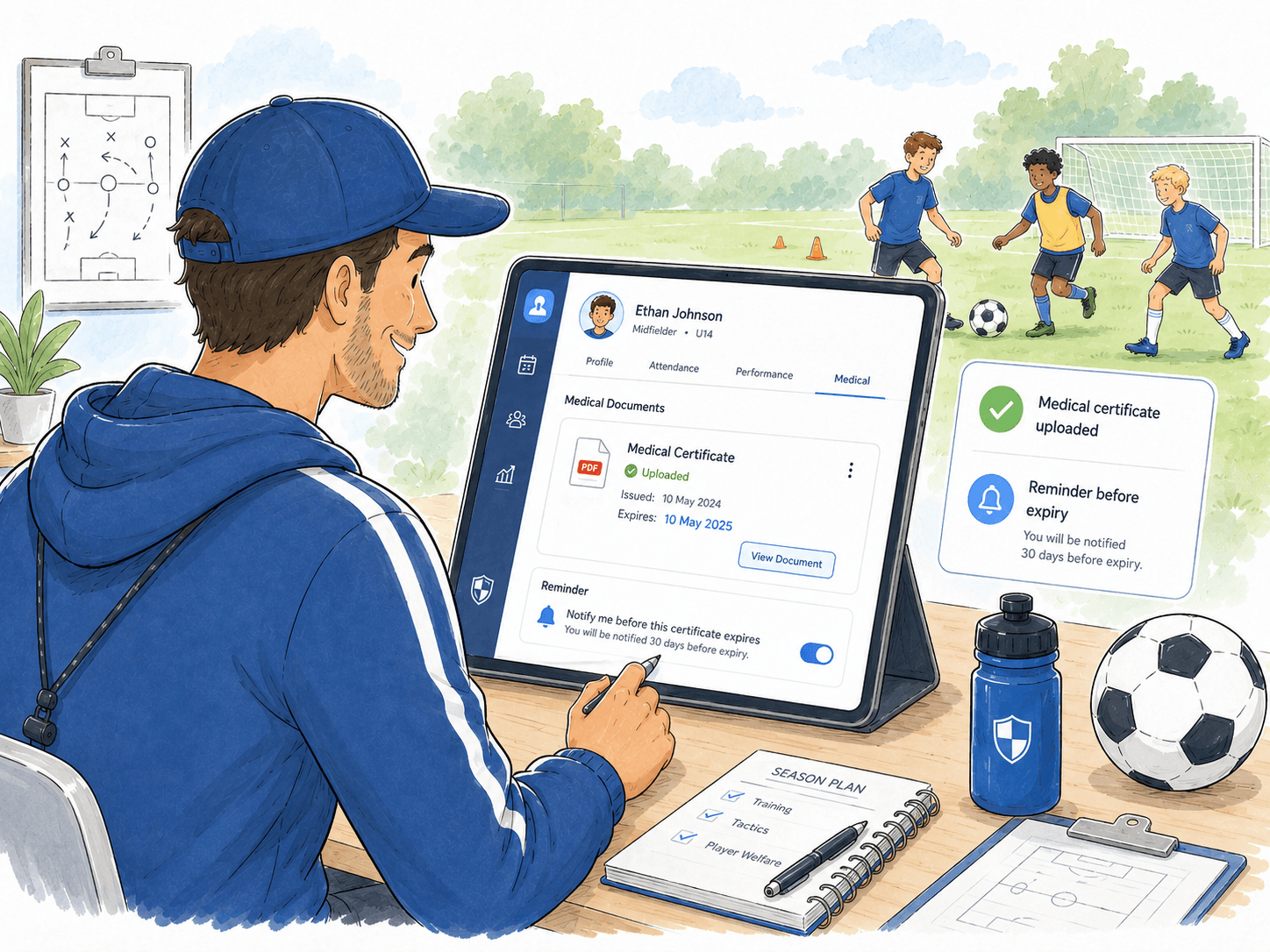 Coach uploading an athlete medical certificate and setting an expiry reminder in the app.