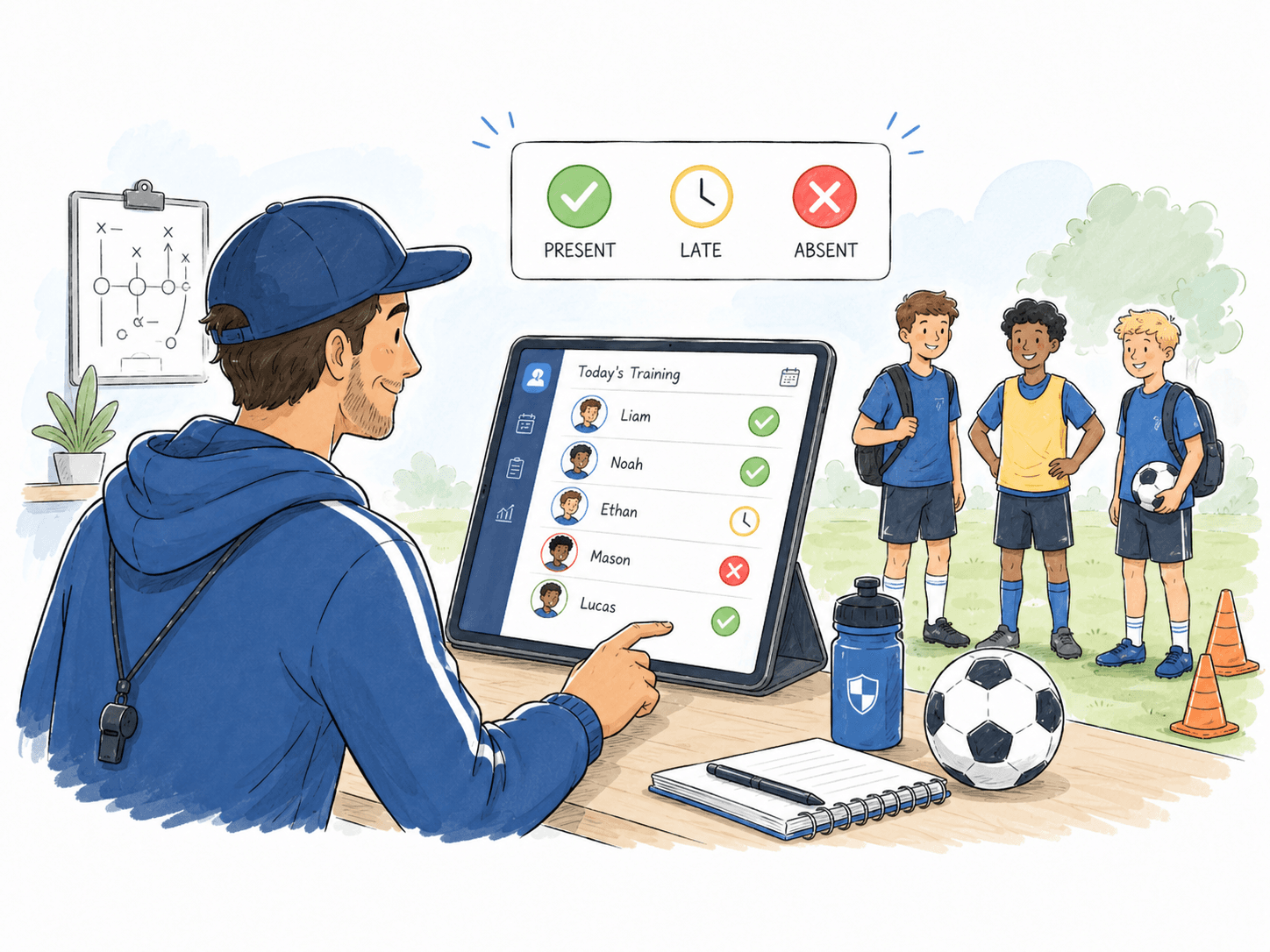 Coach marking player attendance for a training session.