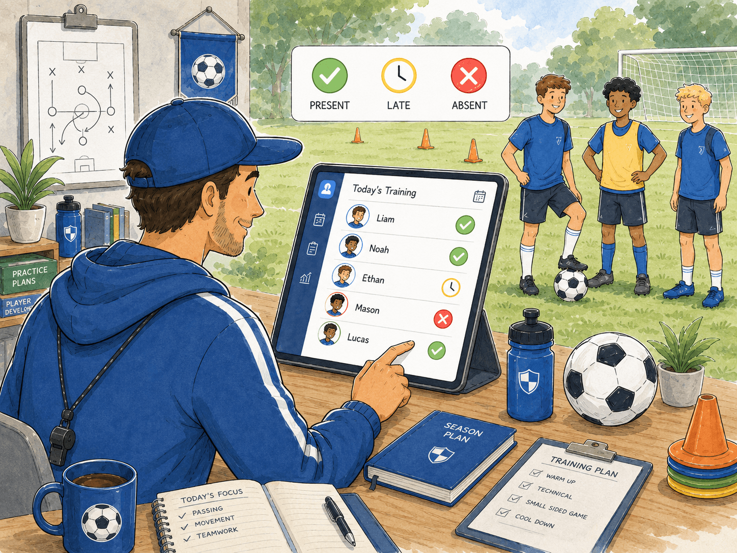 Coach marking player attendance for a training session.