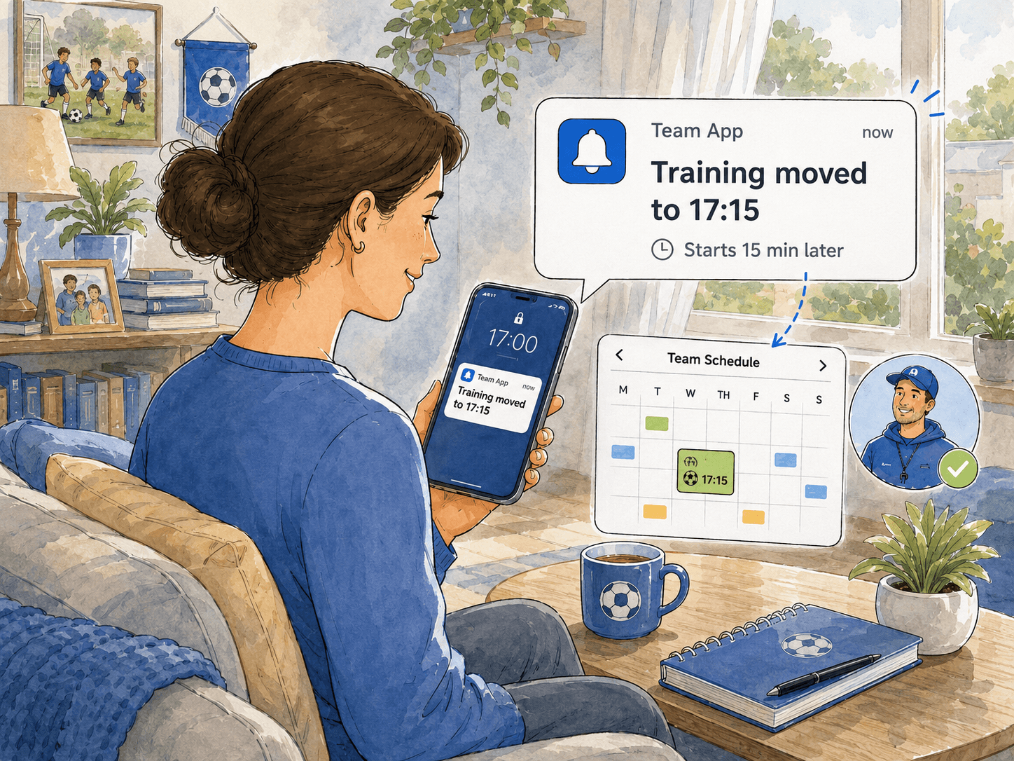 Parent receiving a notification that training moved by 15 minutes.