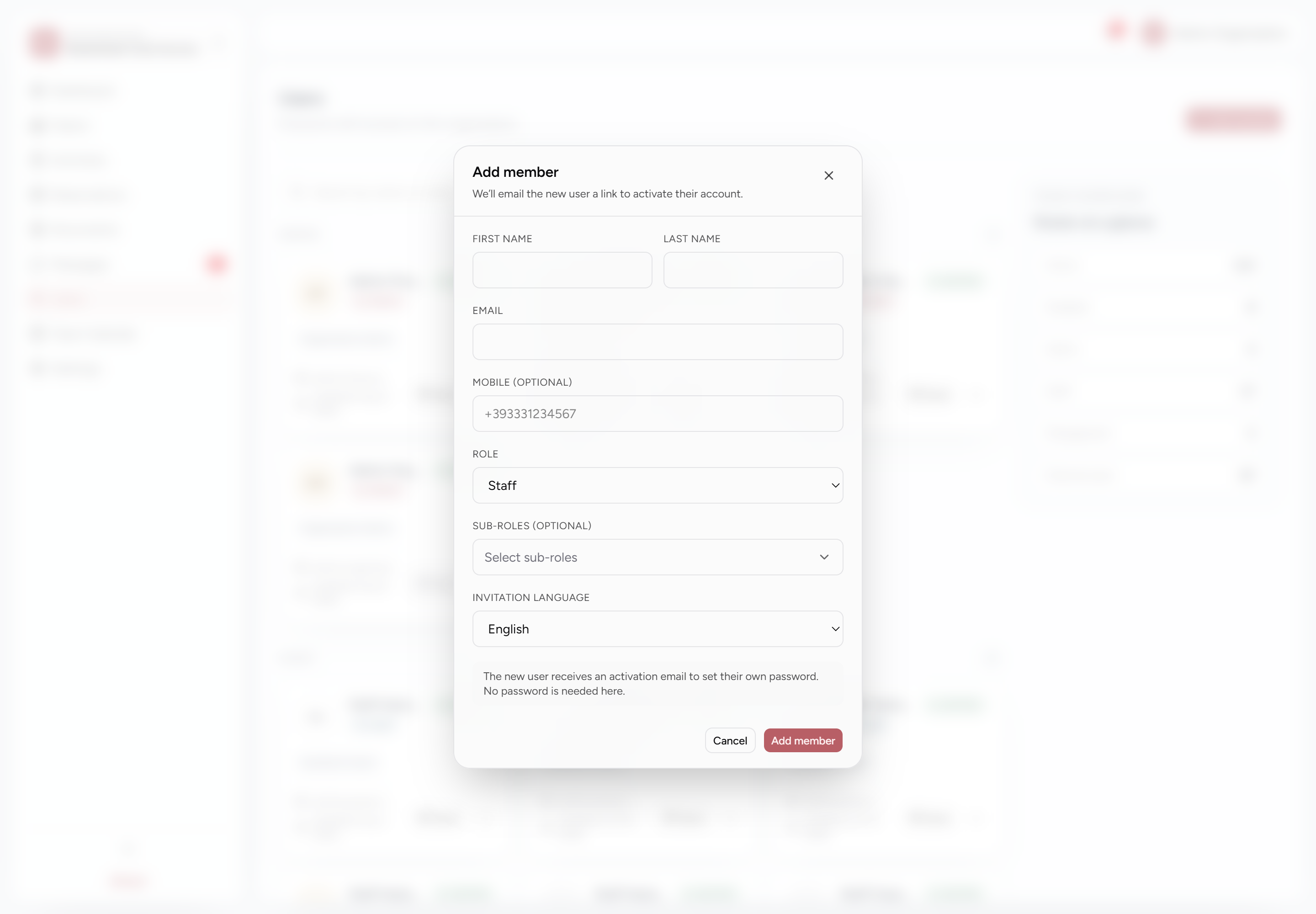 Add member form with profile, role and invitation language fields