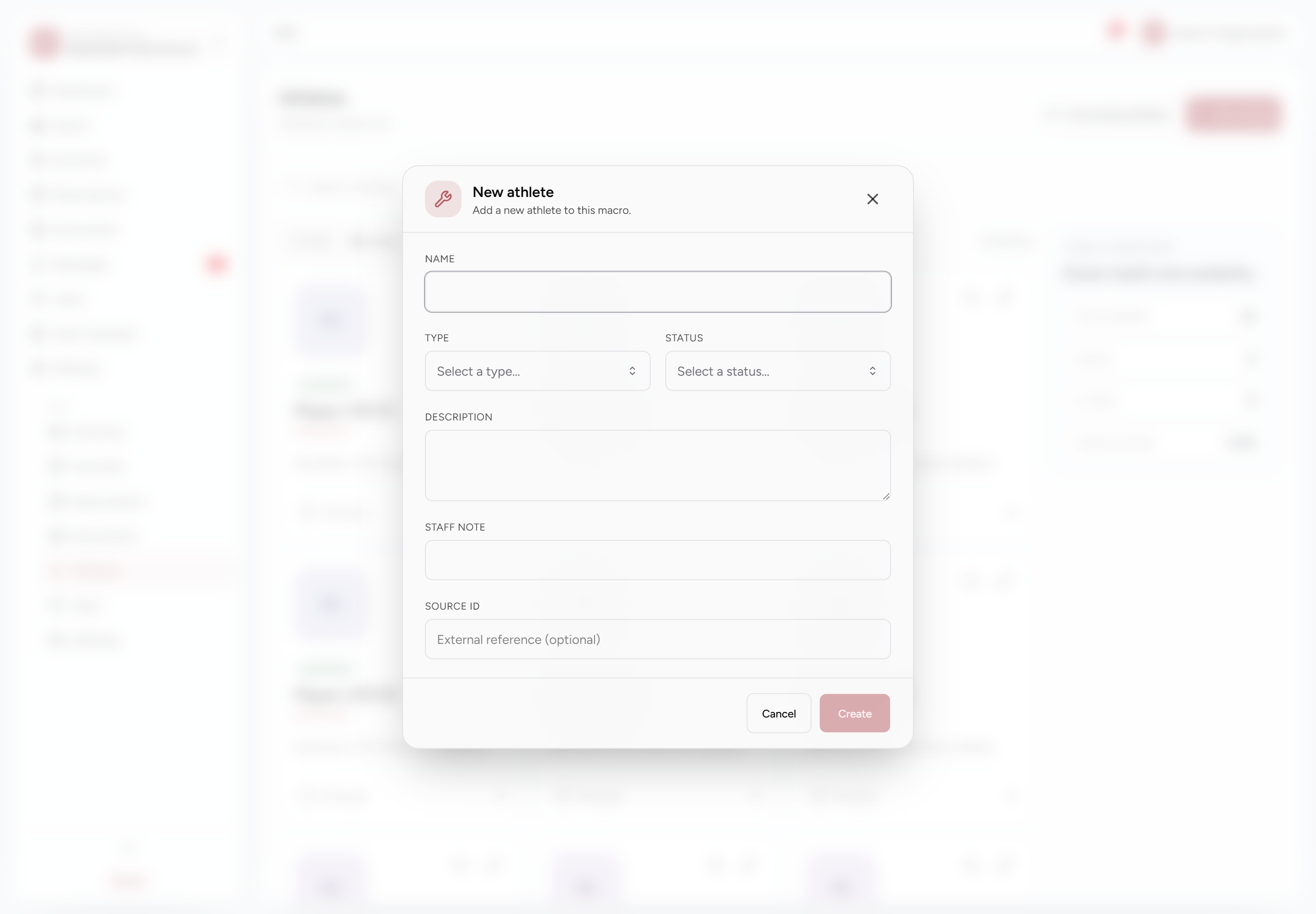 New athlete form with Type and SPORT Status fields
