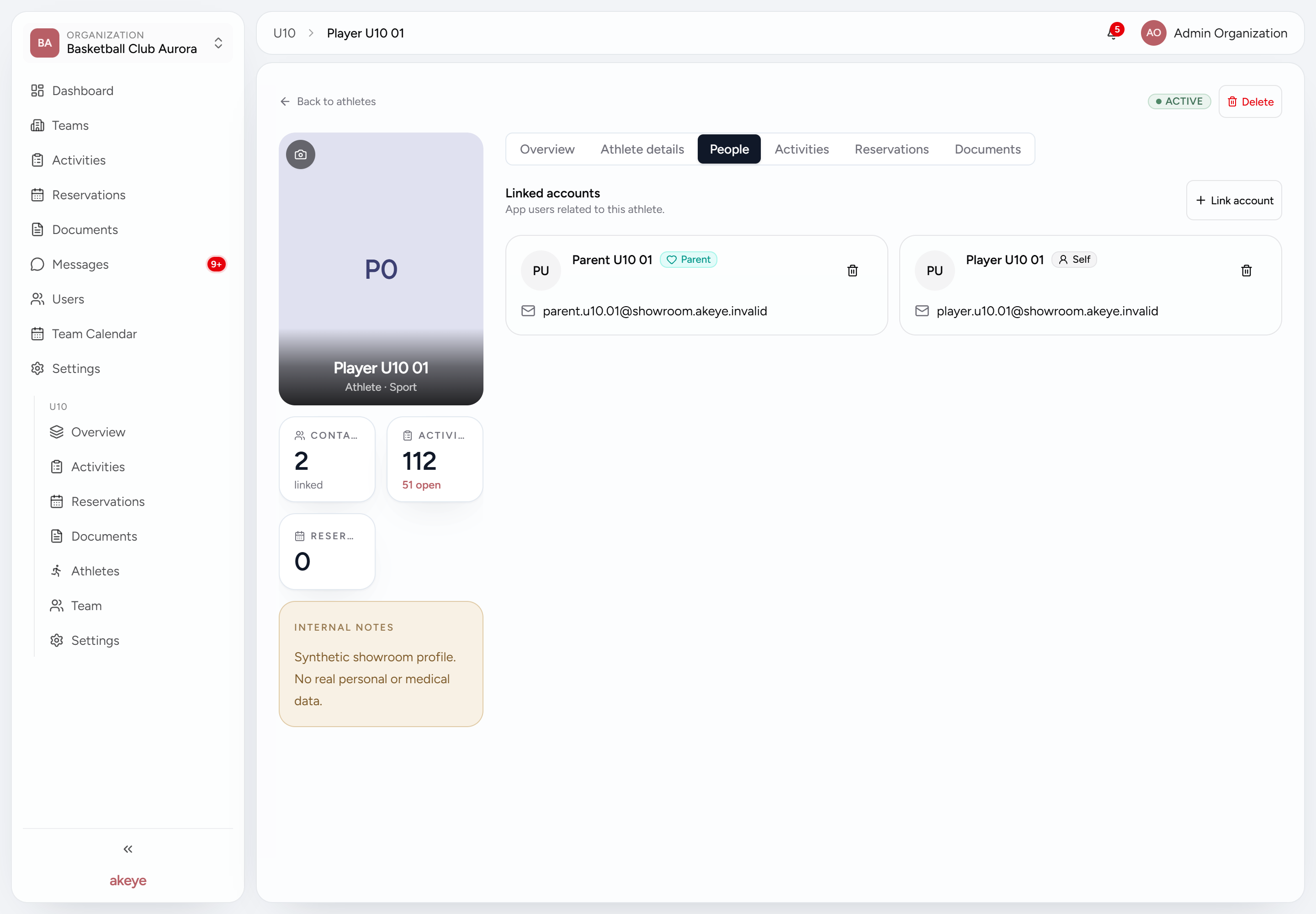 Athlete People tab with linked SELF and PARENT accounts