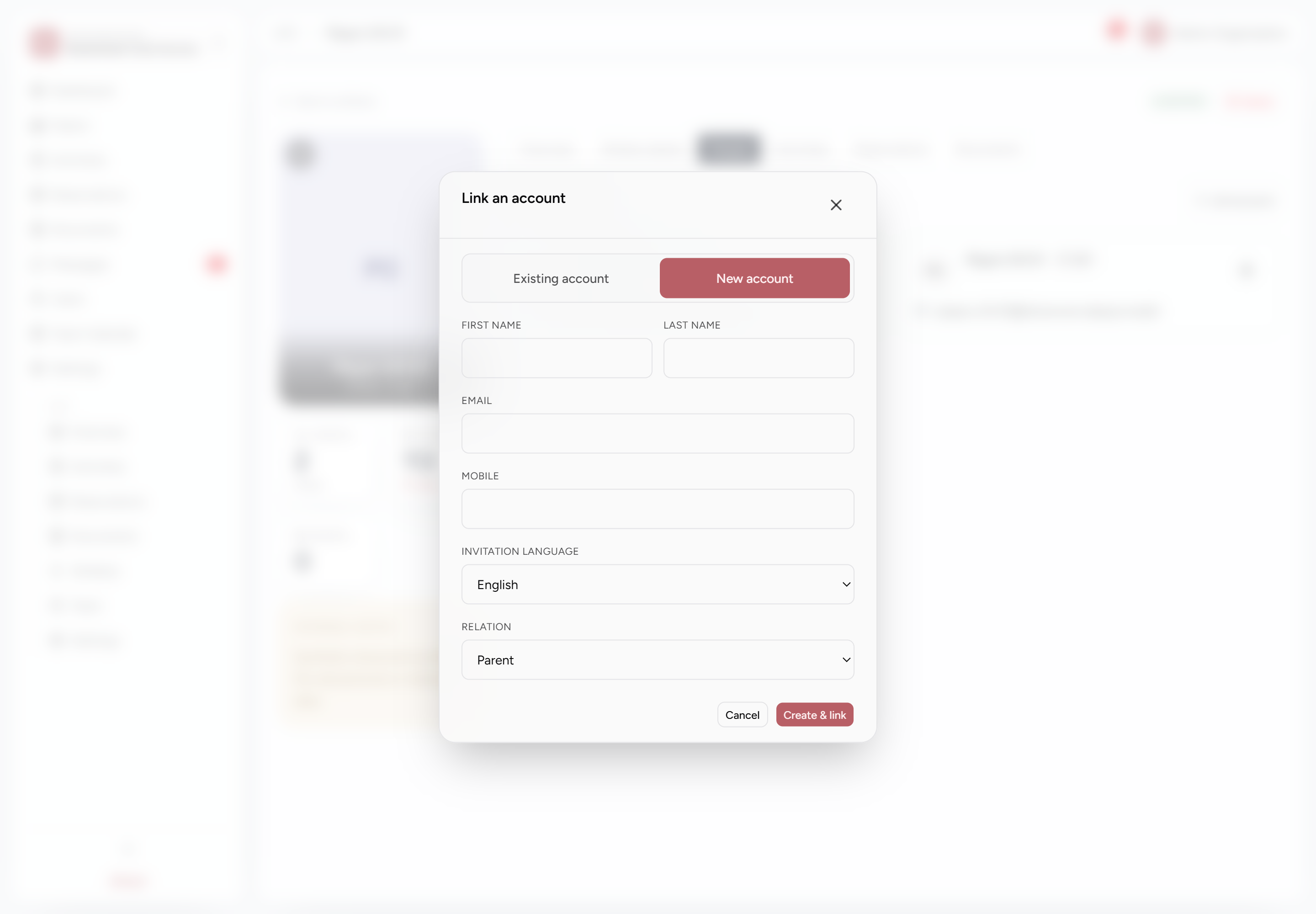 New external account form opened from an athlete record