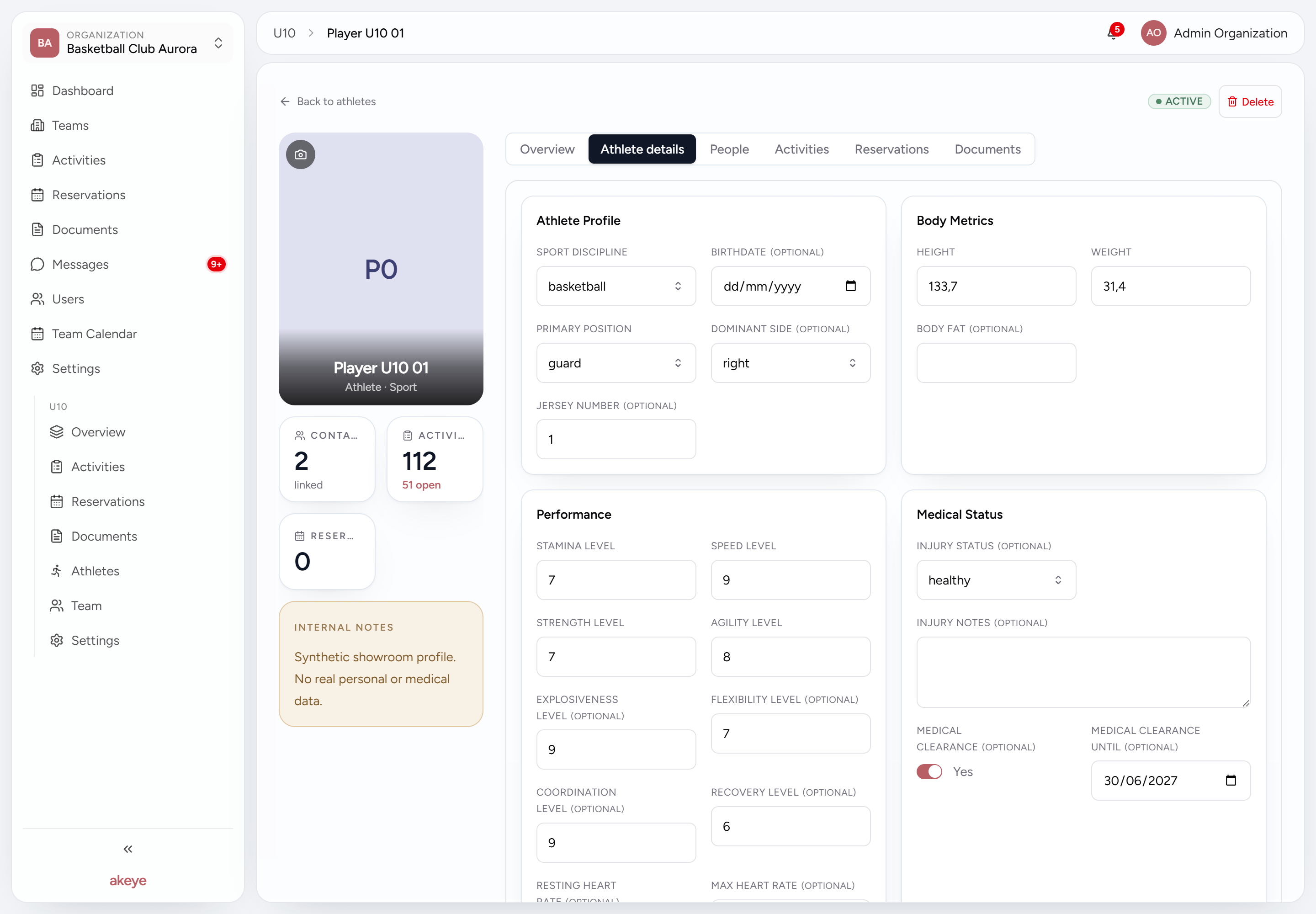 Athlete details tab with SPORT parameter groups