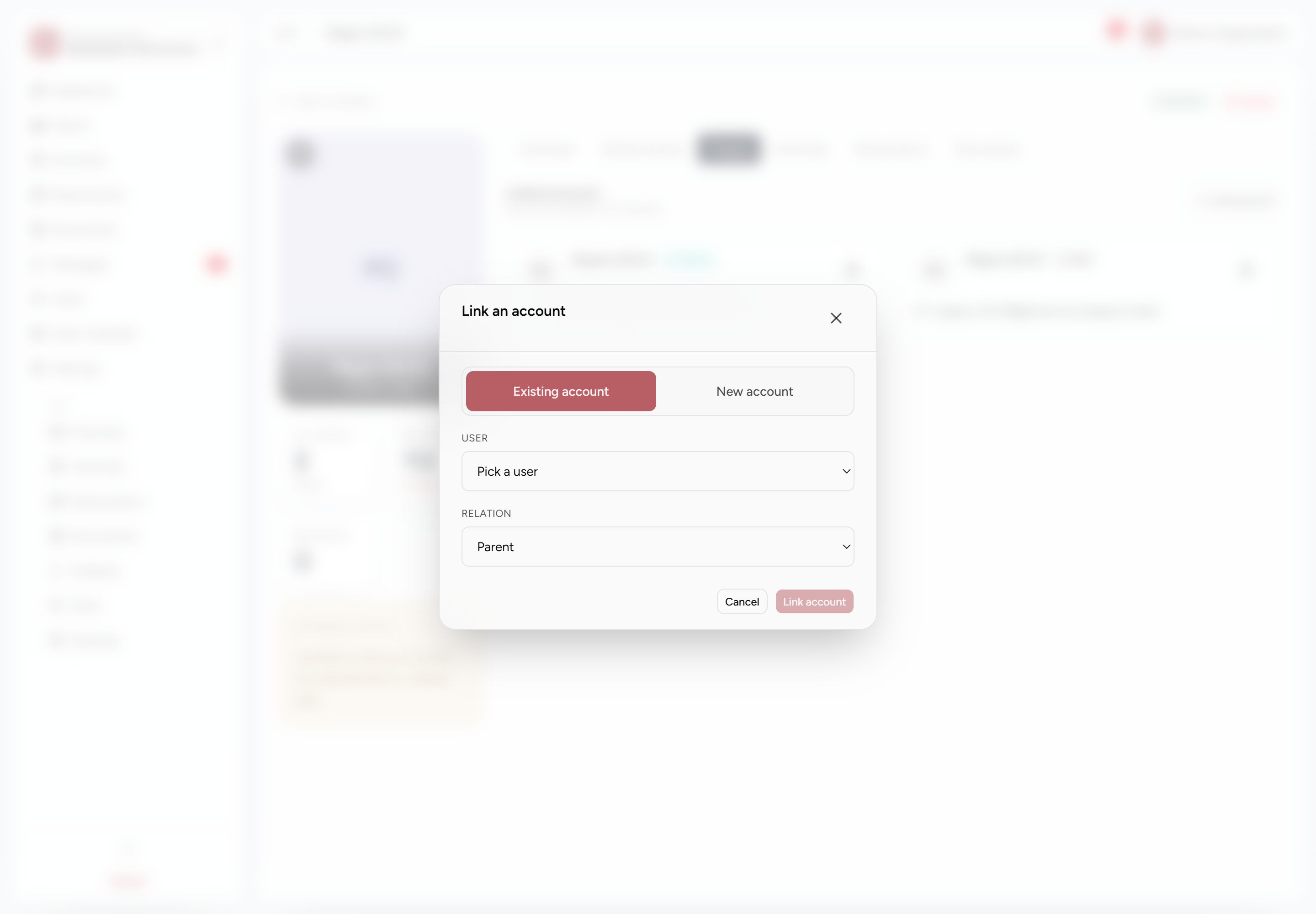 Link account form showing athlete relationship choices