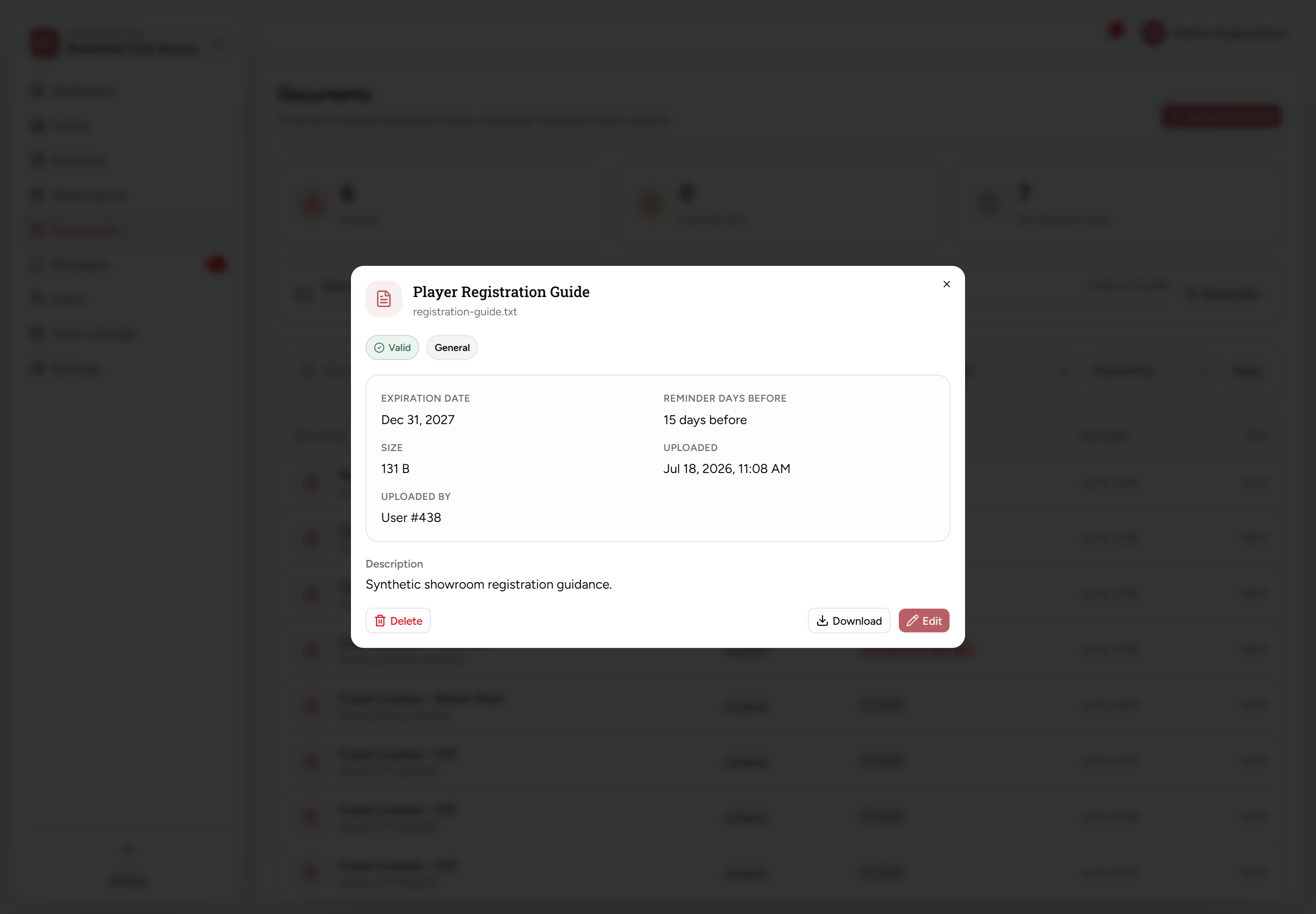Coach License document details with expiration, reminder, Download and Edit actions