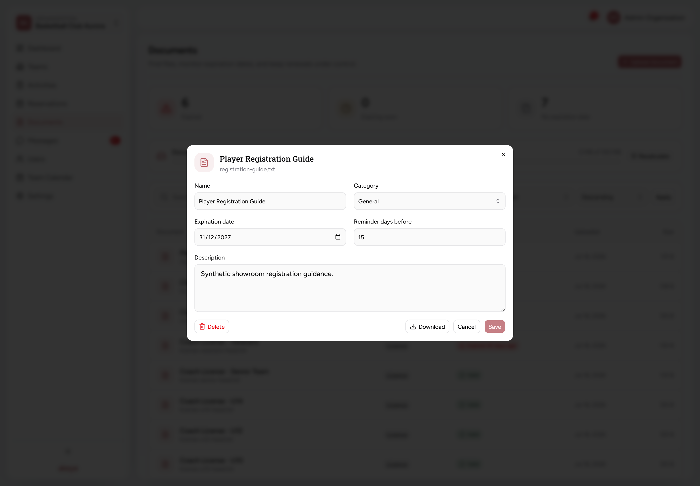 Edit document form with category, expiration date and reminder-days controls