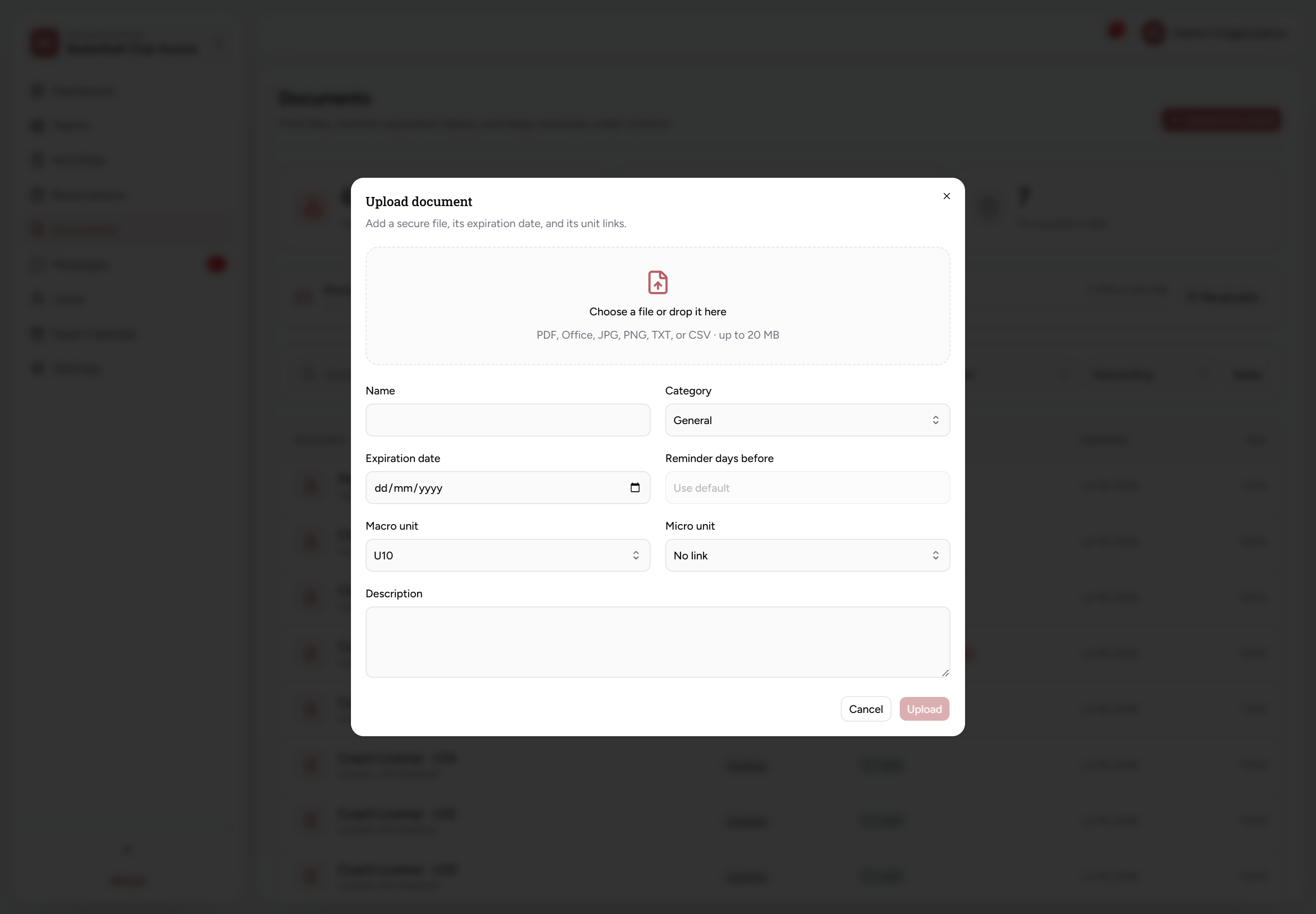 Upload document form with U10 Macro Unit and Player U10 01 Micro Unit selected