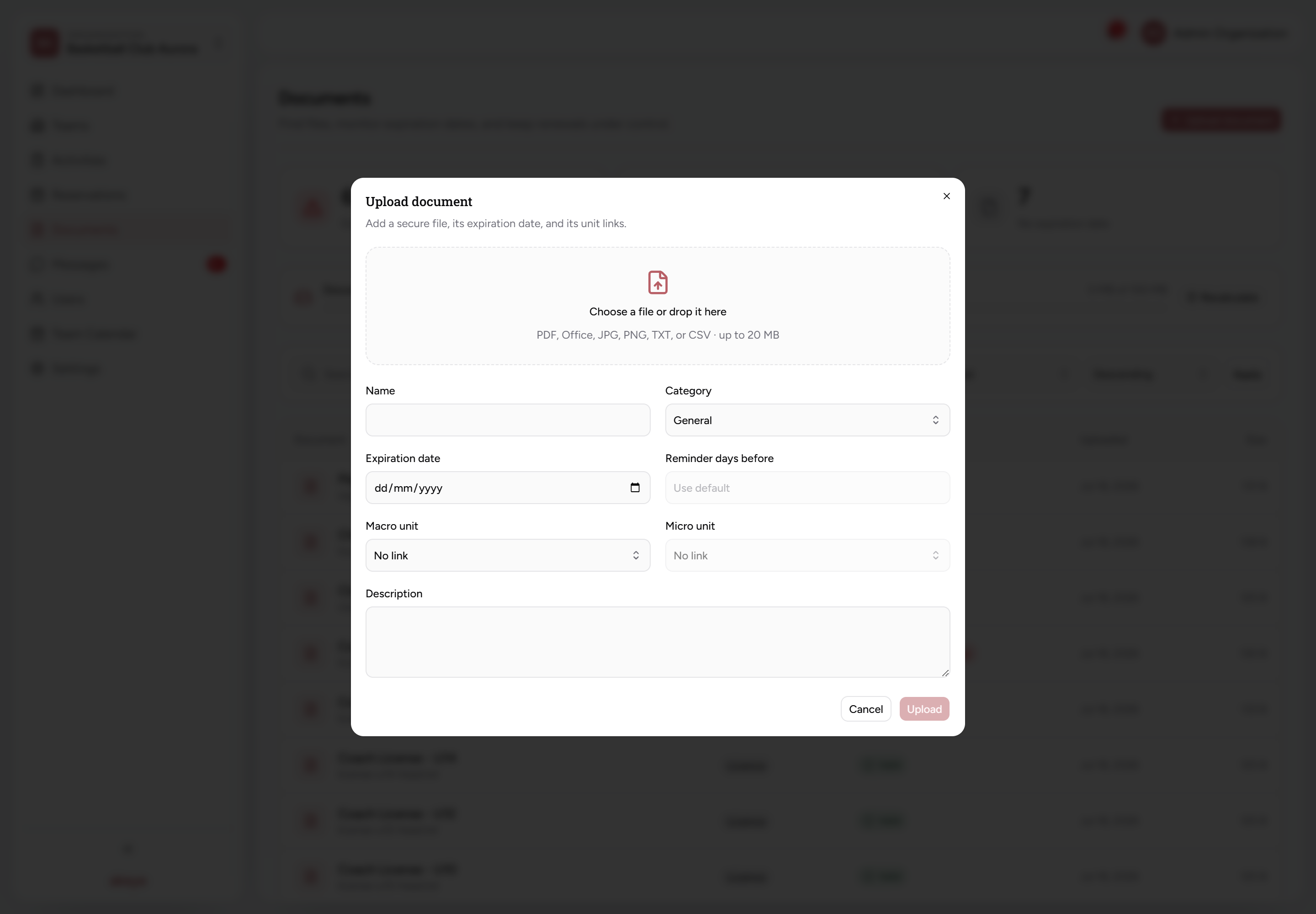 Upload document form with file, name, category, expiration, reminder and relation fields