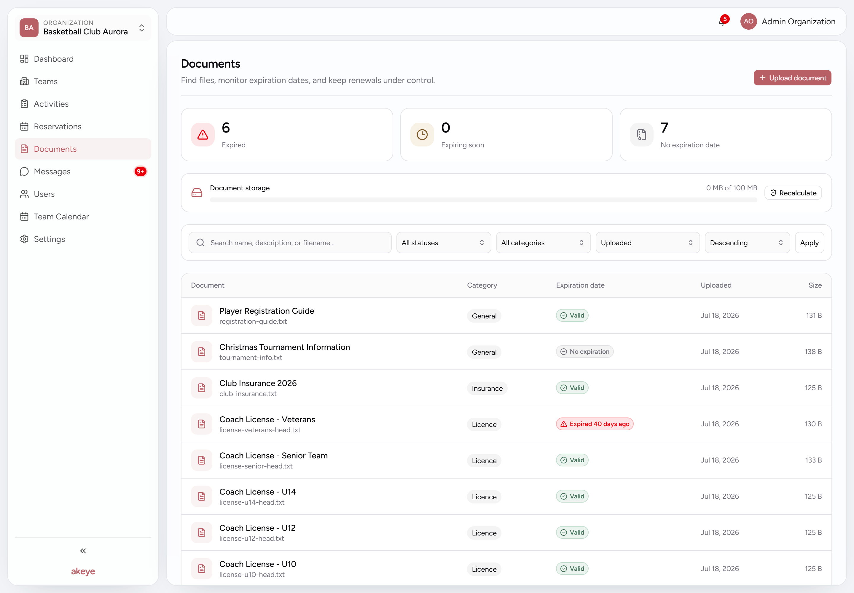 Organization Documents list with expiration summaries, storage usage, filters and document rows