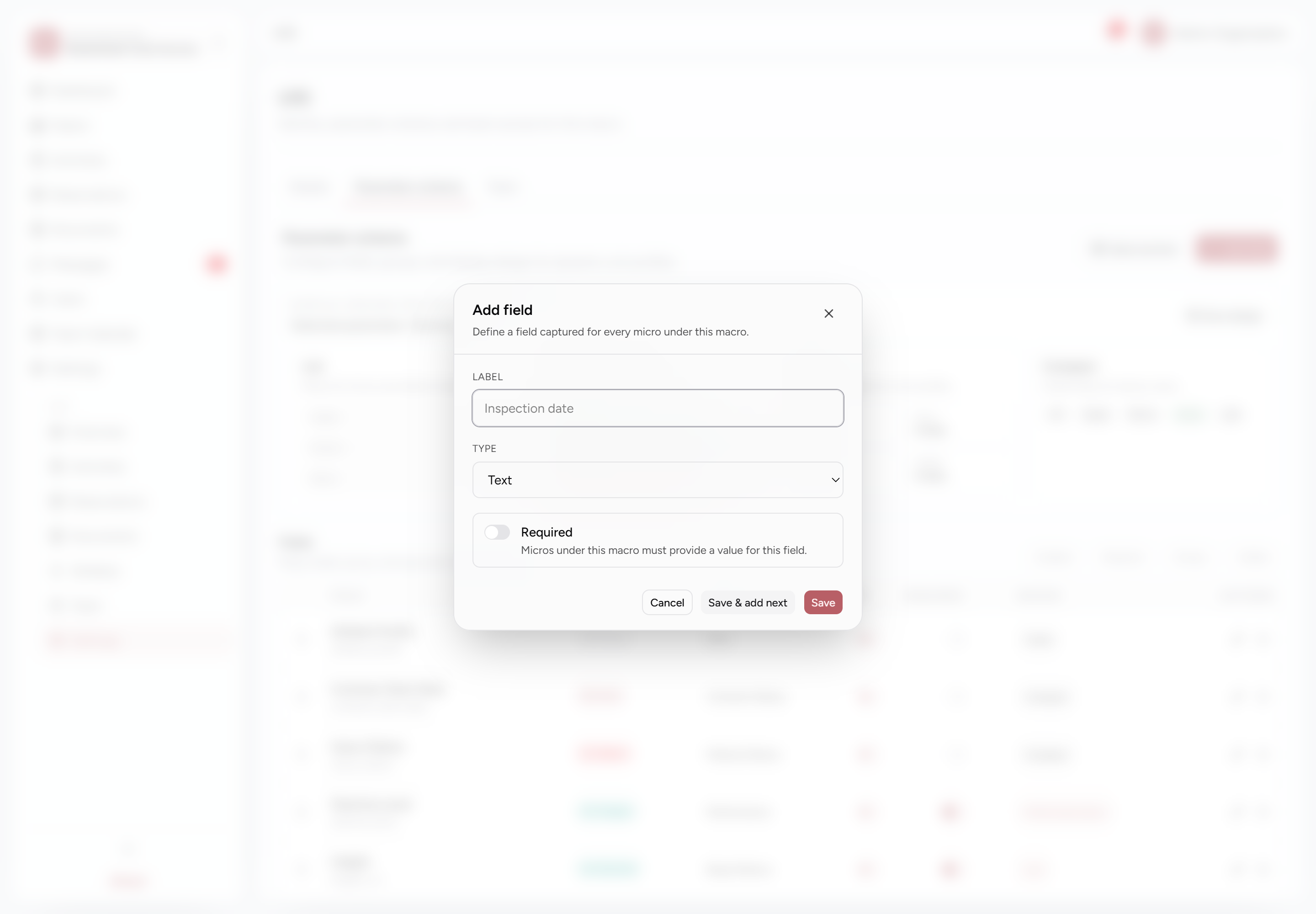 Add field dialog with Label, Type and Required controls