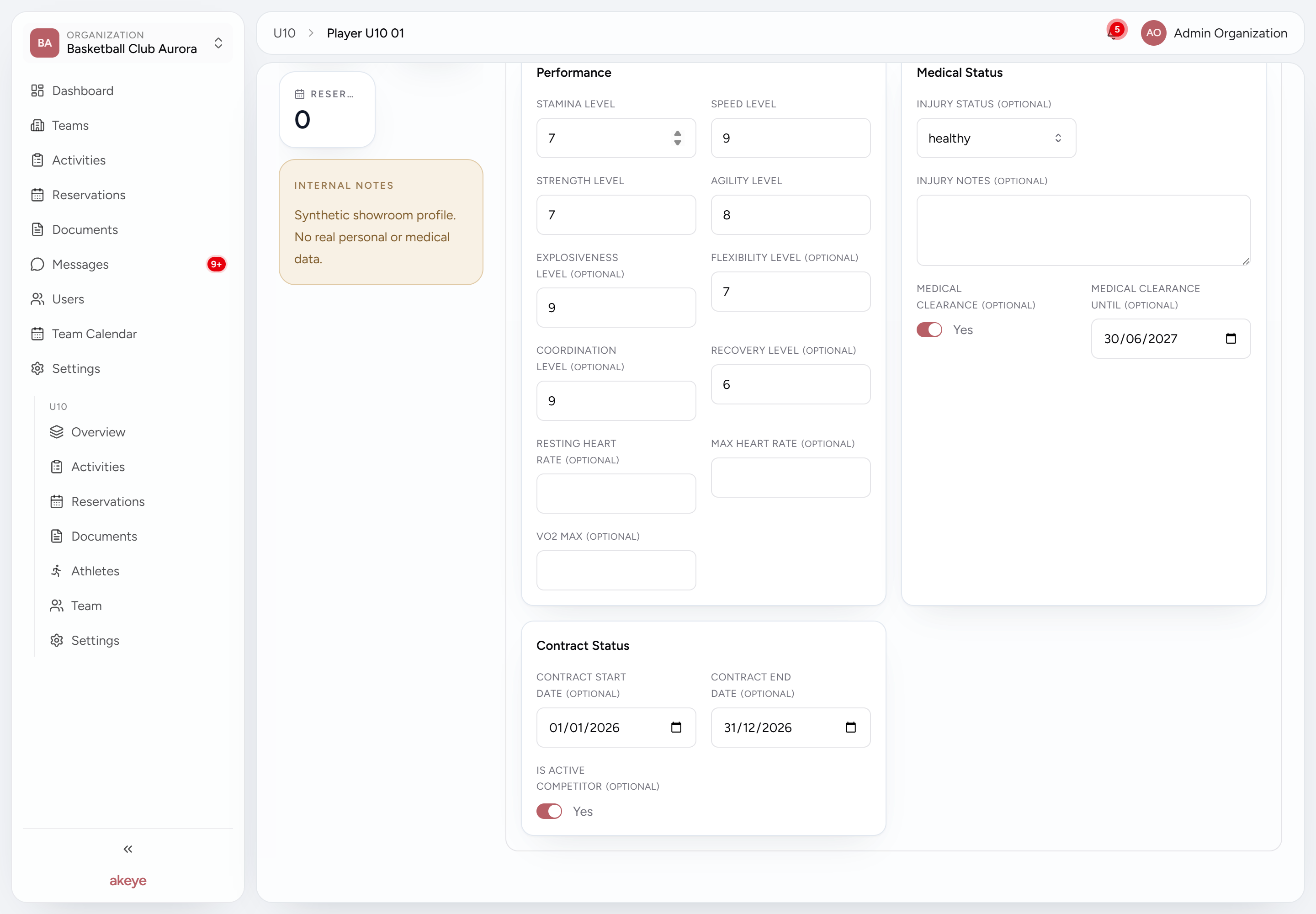 Athlete details form showing configured profile, body, performance and medical parameter groups