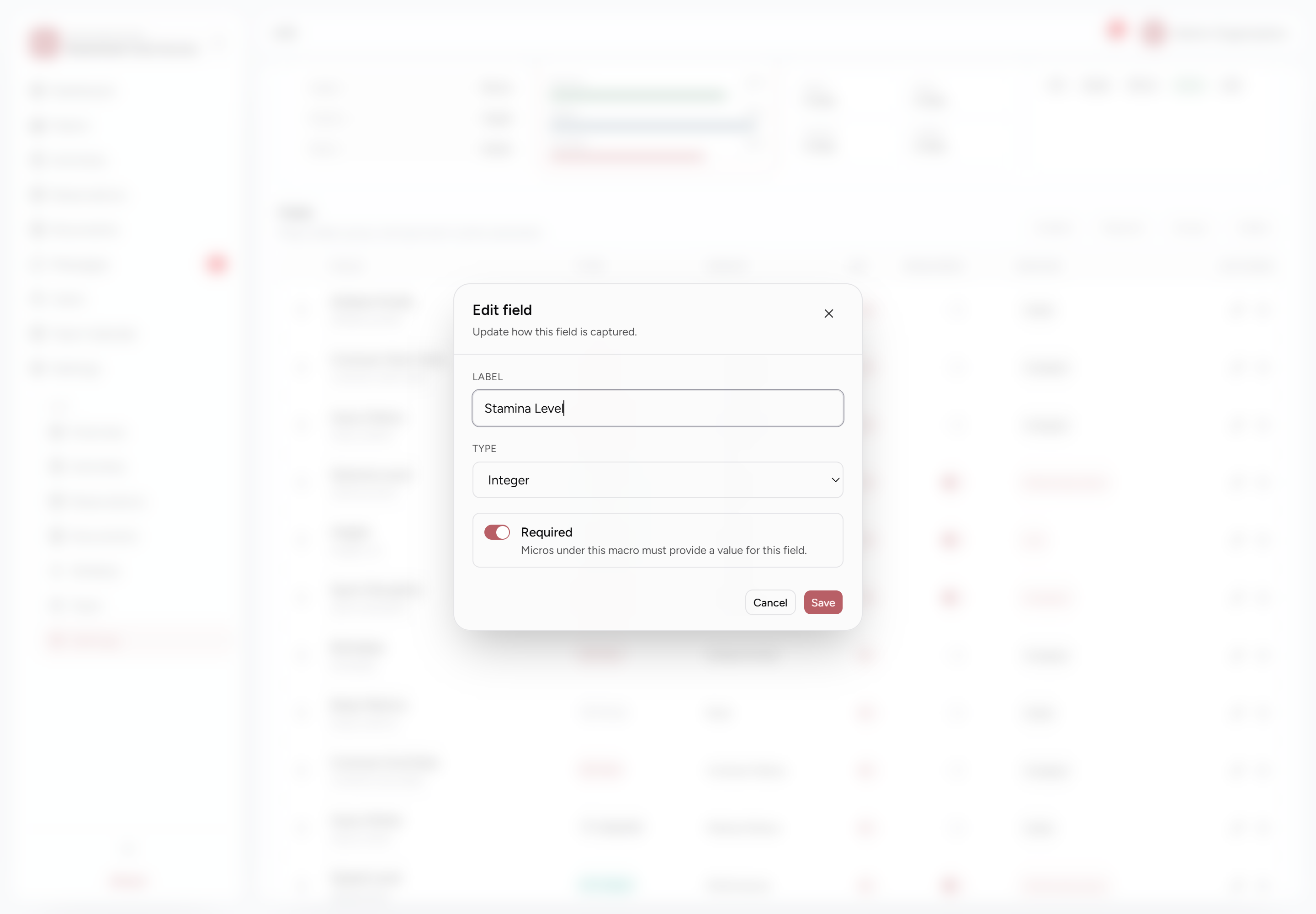 Edit field dialog for the required Stamina Level integer field