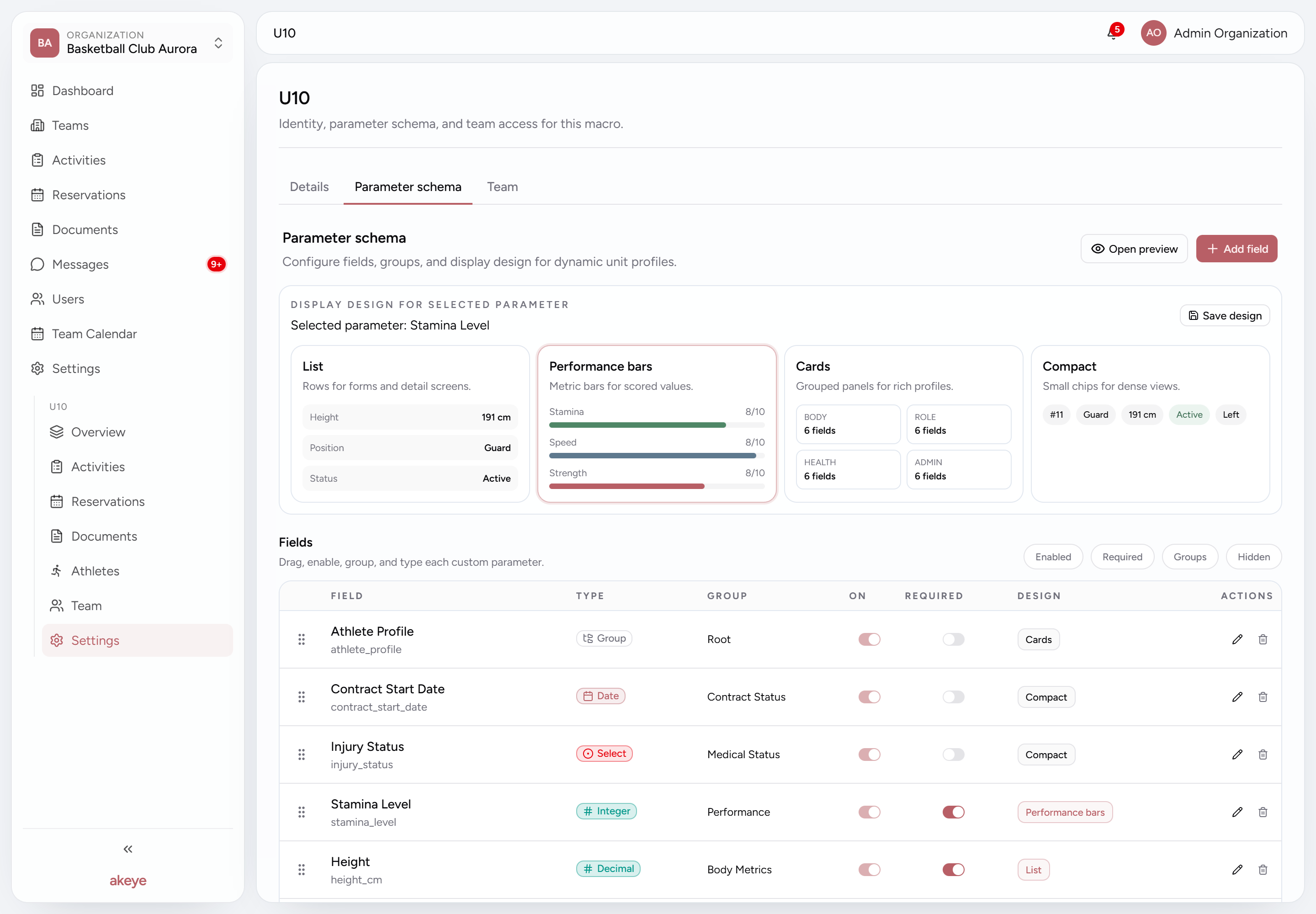 Configured parameter fields with types, groups, required switches, drag handles and actions