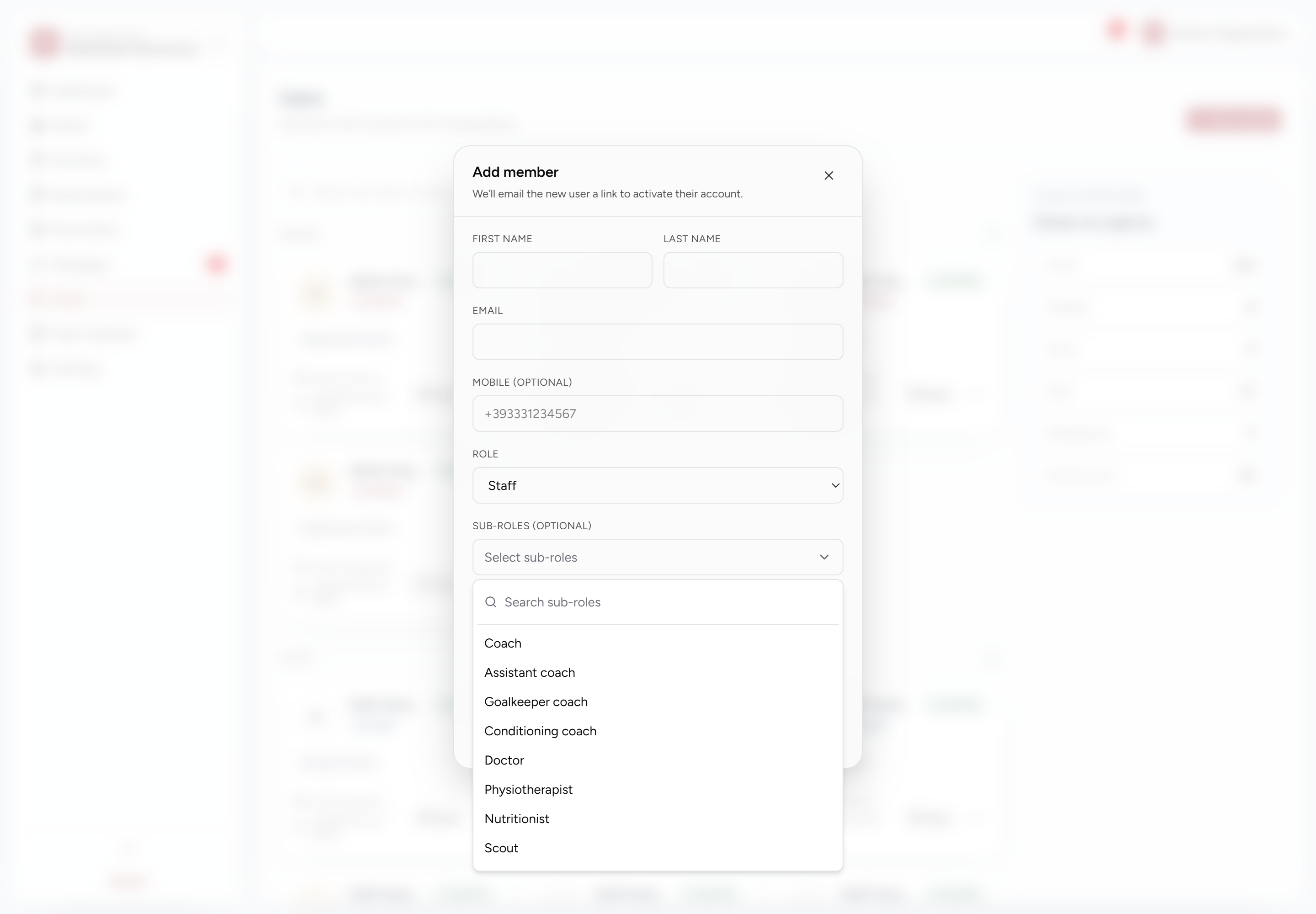Staff role and SPORT subrole selection in the Add member form