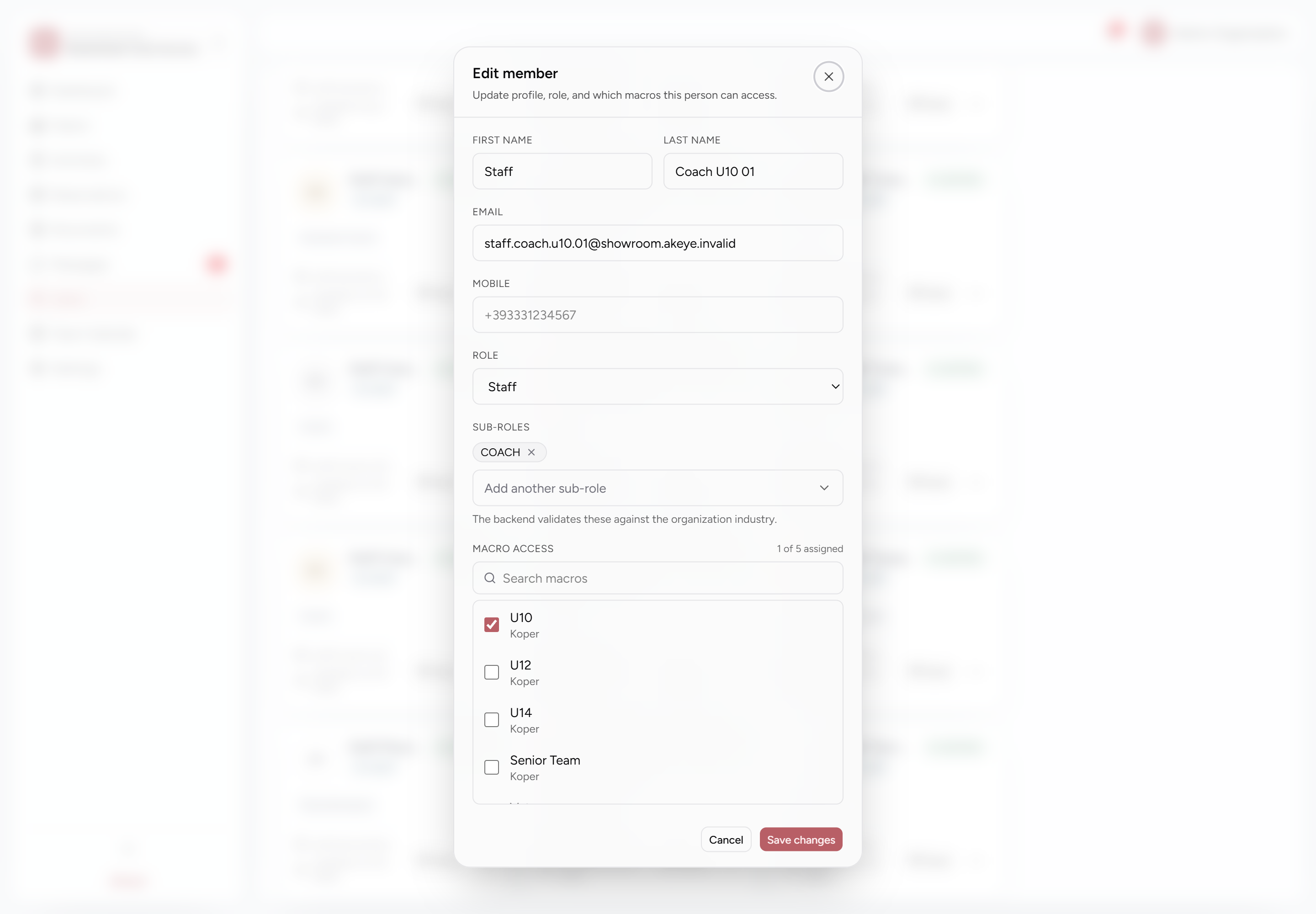 Edit member form with role, macro access and athlete relationship sections