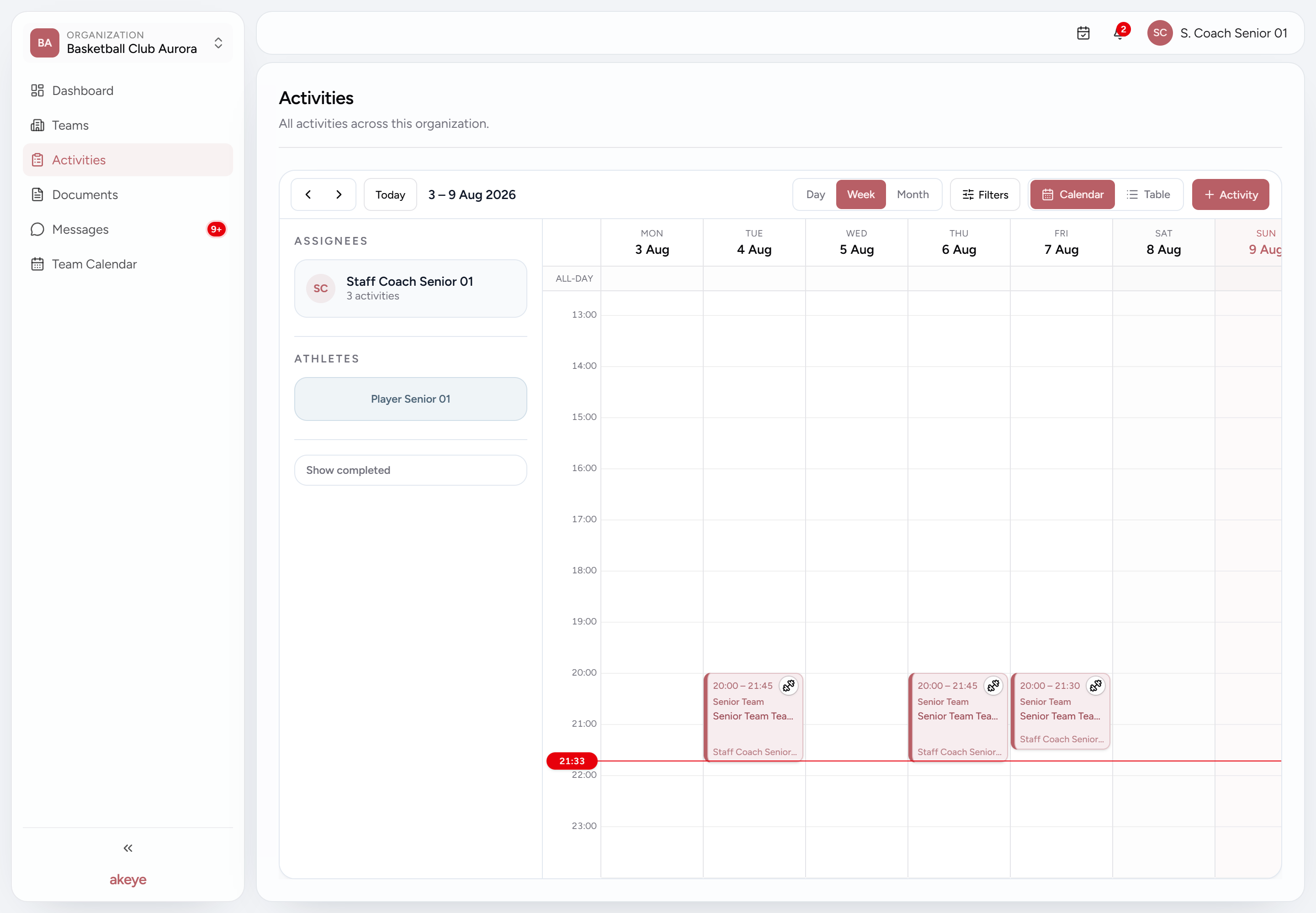Coach Activities week calendar with the Coach and linked athlete filters