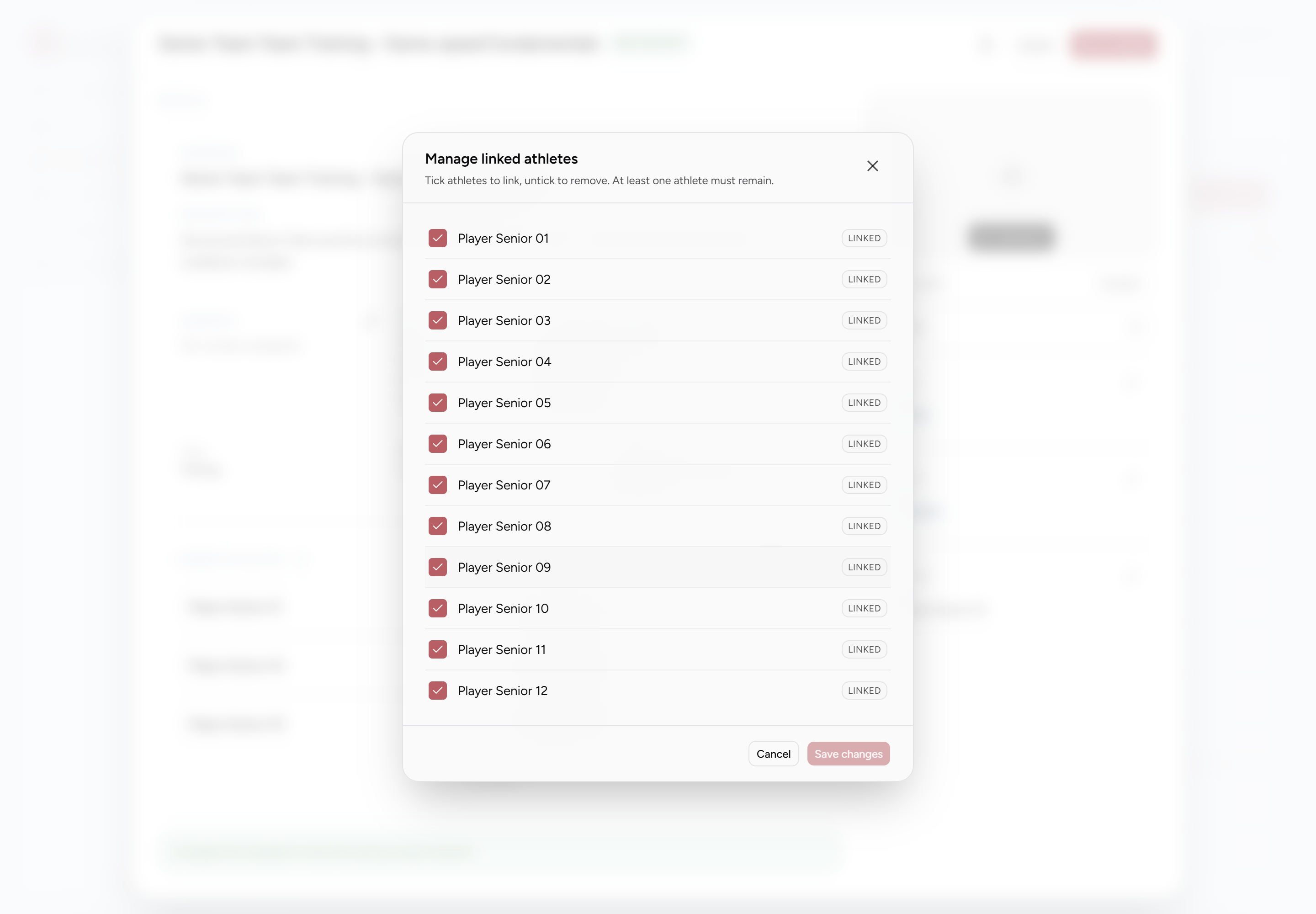 Manage linked athletes dialog showing the activity roster and Linked state