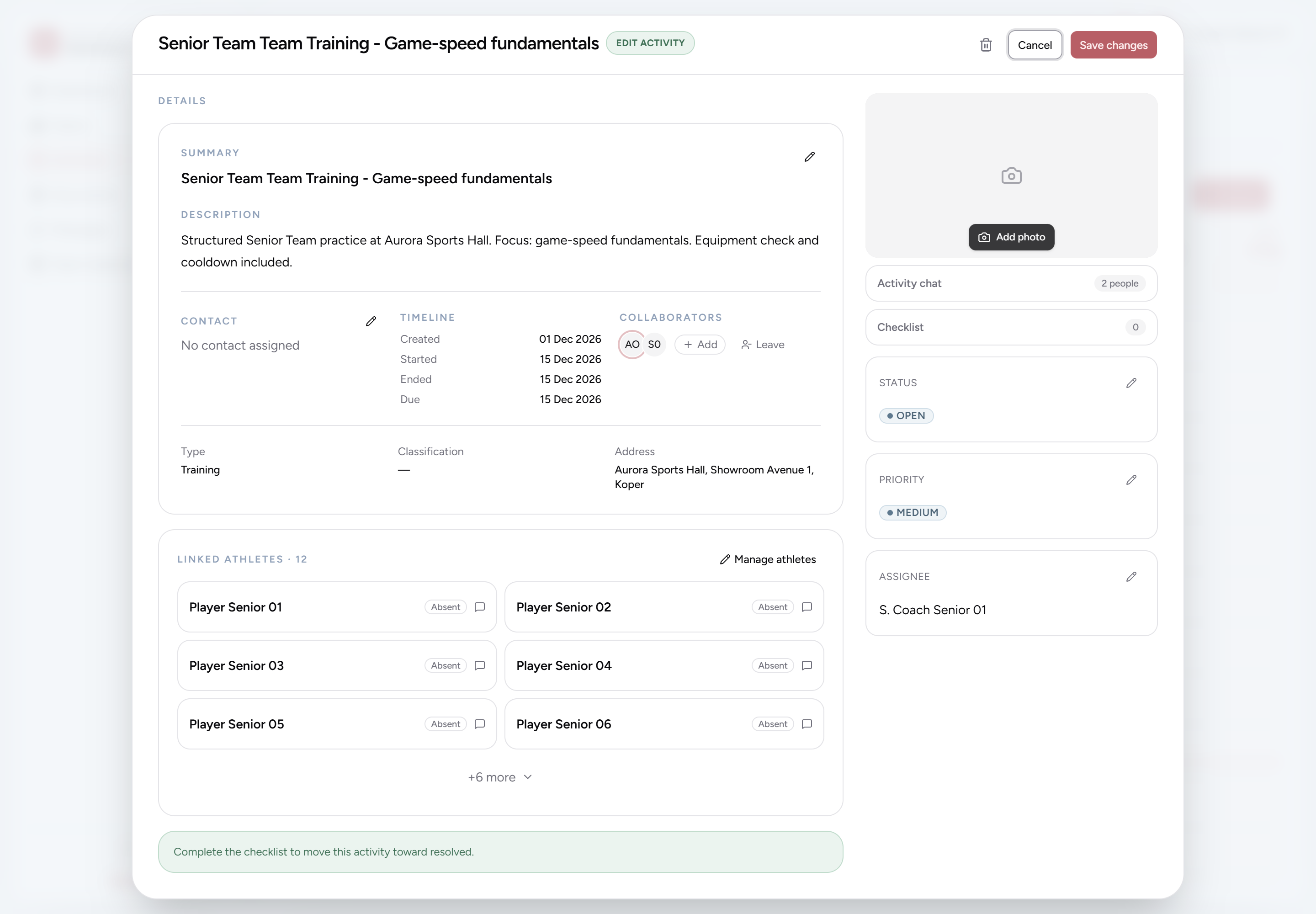 Coach activity detail with status, priority, assignee, collaborators and linked athletes