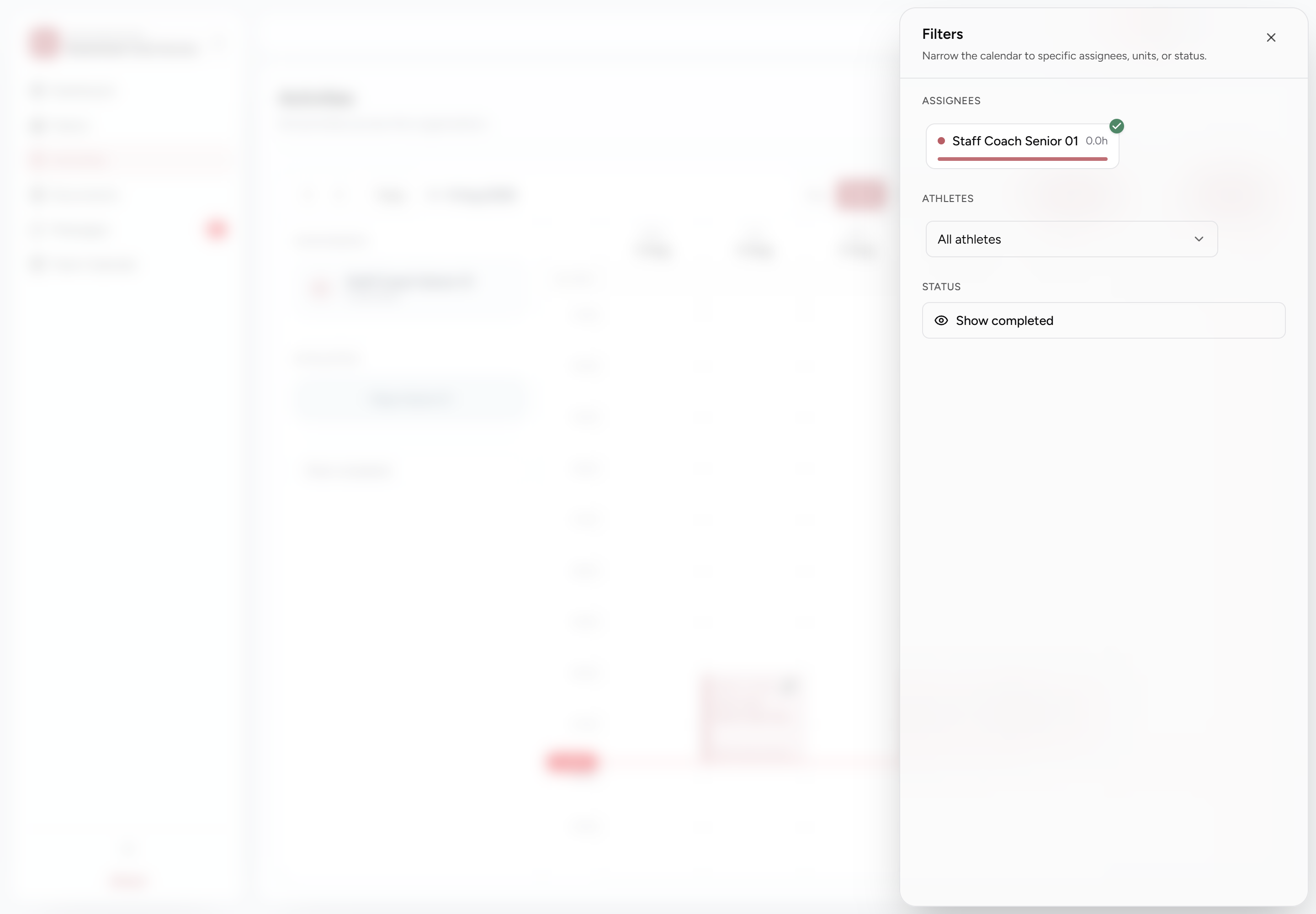 Coach calendar Filters dialog with assignee, athlete and completed-status controls
