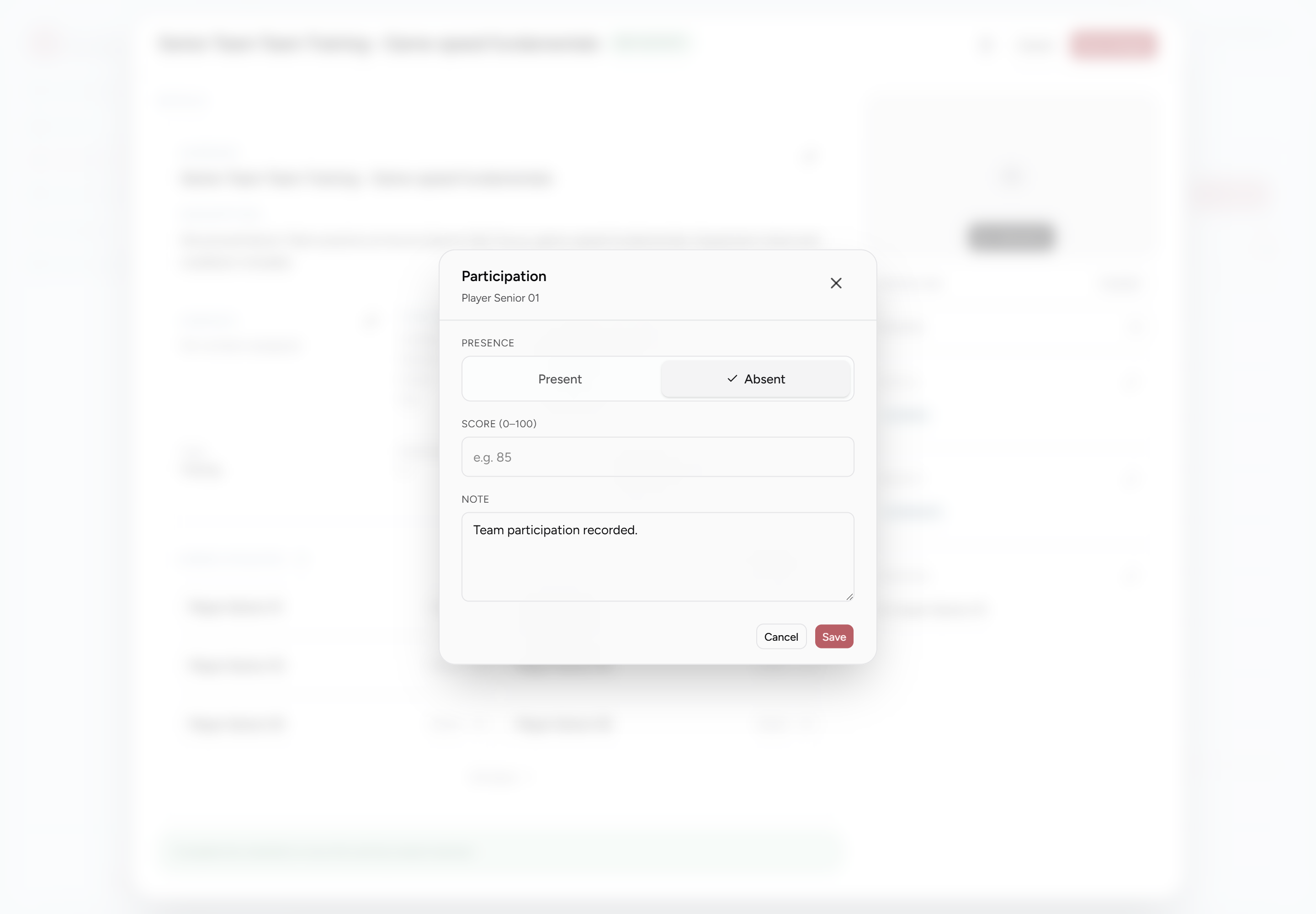 Participation dialog with Present or Absent, score from 0 to 100 and an optional note