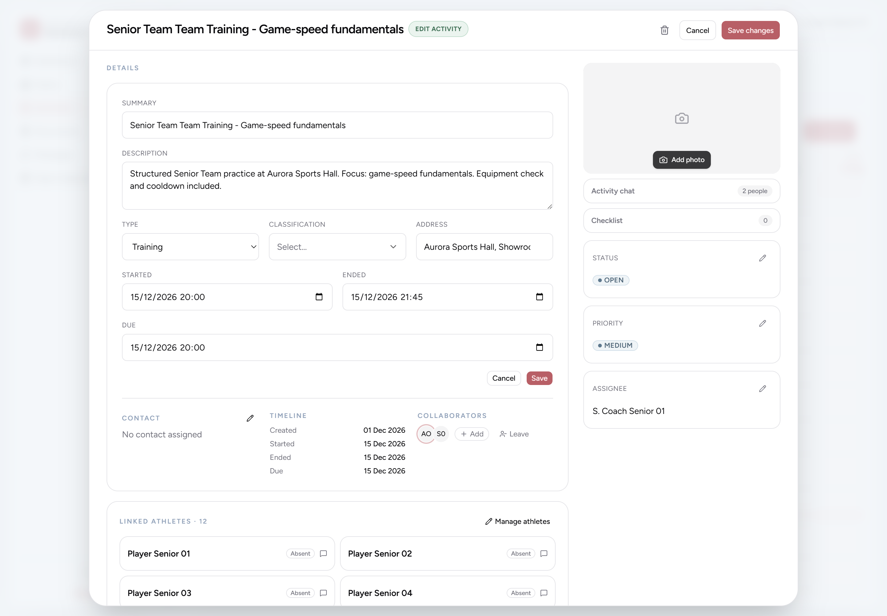 Coach edit-activity form with summary, description, type, address and timeline fields